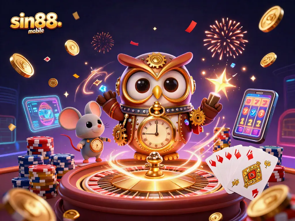 Join the adventure with sin88-mobile as our quirky time-traveler owl explores an enchanting casino realm.