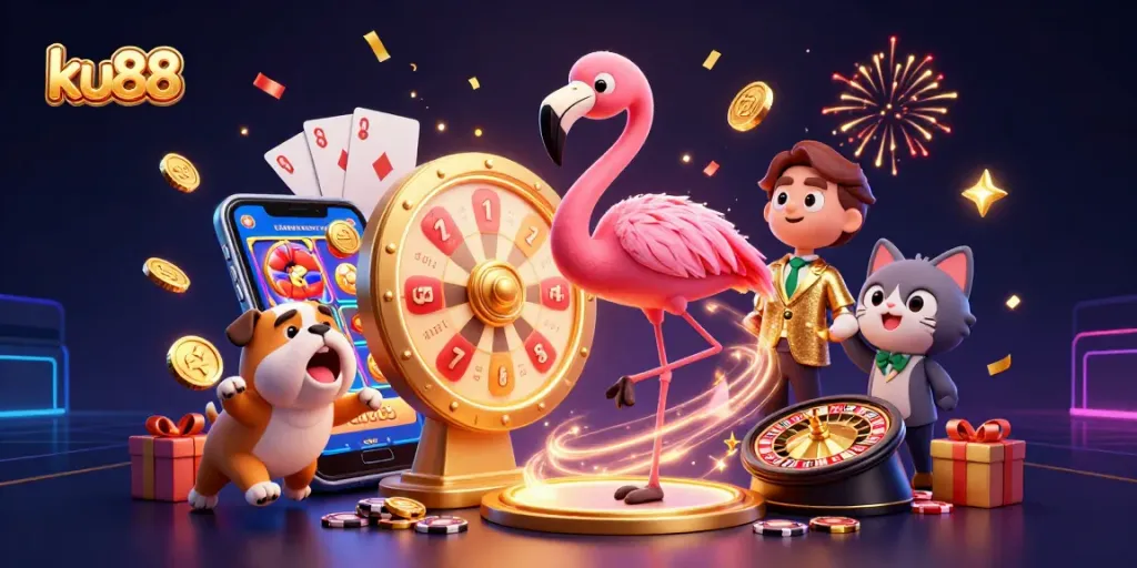 ku88 brings fun to the gaming experience with a prize wheel, bulldog contestant, and more.