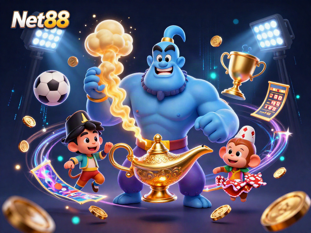 Engage with Net88 and explore thrilling sports betting through a vibrant 3D illustration.