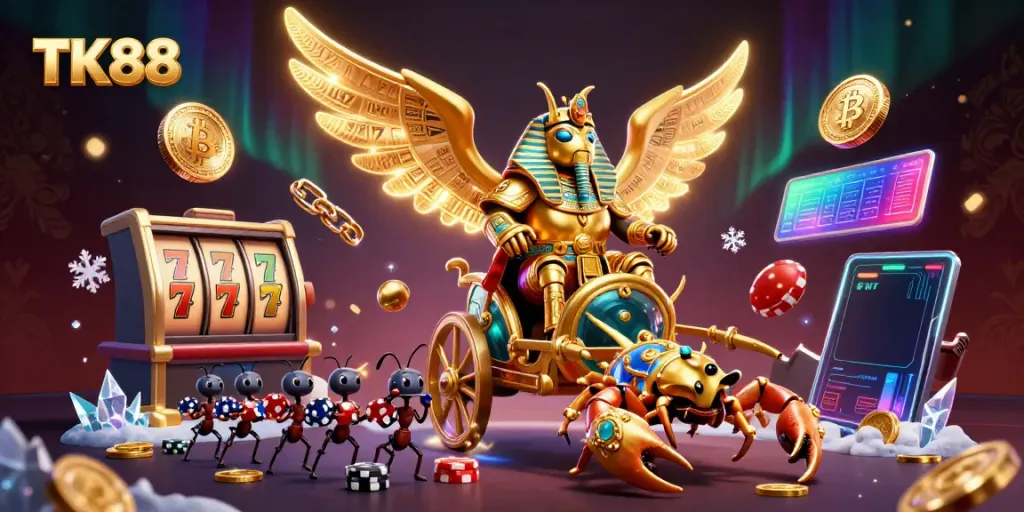 Experience thrilling wins at TK88 with dynamic 3D casino elements, including enticing slot games and vibrant cryptocurrencies.