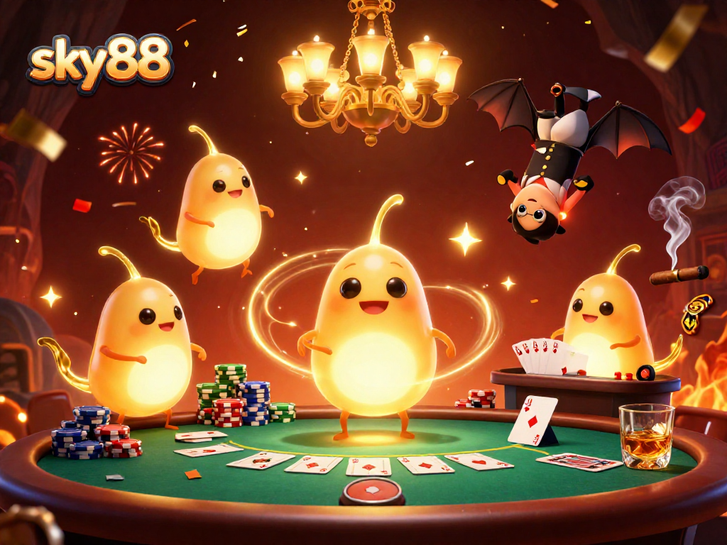 Experience sky88's vibrant casino atmosphere with animated glowworms and poker elements.