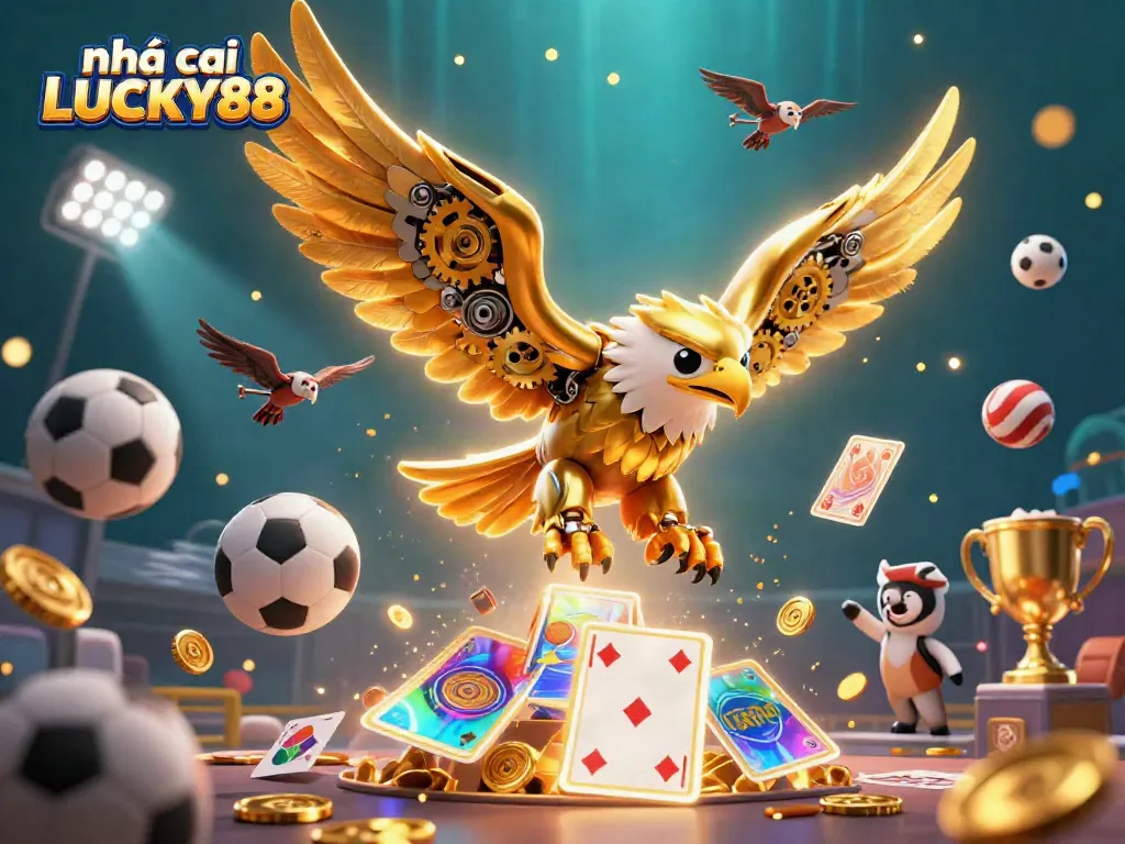Engage with nhà cái LUCKY88 through a dynamic 3D visual showcasing exciting casino elements and thrilling gameplay.