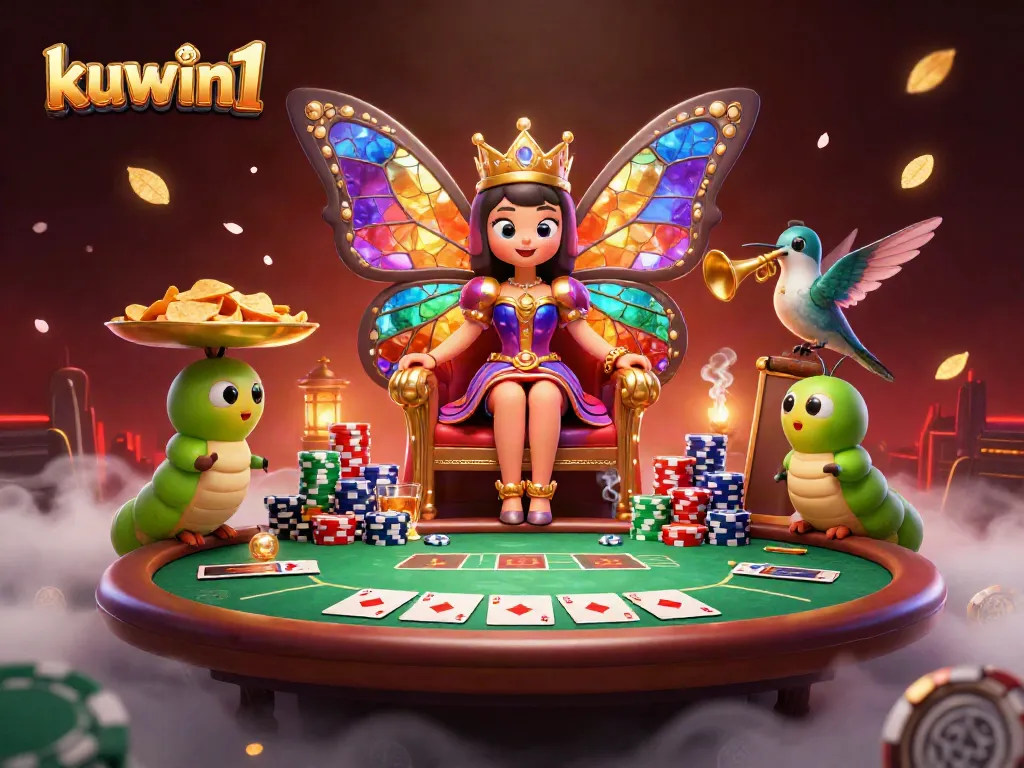 Engage with kuwin1's vibrant casino scene, showcasing a butterfly queen amidst poker action and colorful chips.