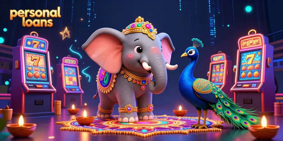 Play personal loans at a vibrant casino with a 3D elephant and peacock in a colorful, gemstone-filled scene.