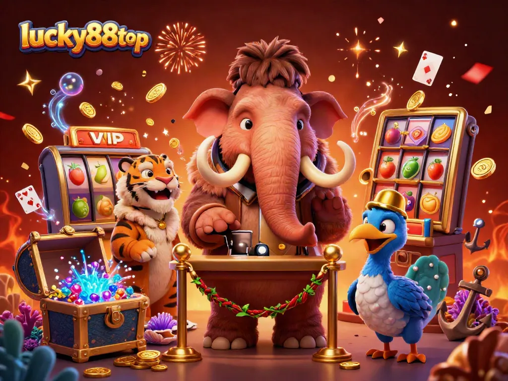 Experience the vibrant world of lucky88top casino with a colorful 3D scene featuring a woolly mammoth bouncer, saber-tooth tiger VIP, and a dodo doorman in a dynamic gambling atmosphere.