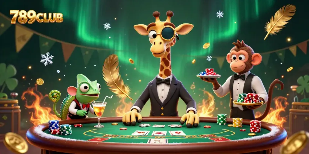 Experience excitement at 789CLUB with a high-roller giraffe at a poker table full of action.