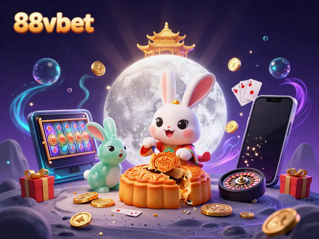 Engage with 88vbet's immersive online gaming experience featuring festive moon rabbits and casino elements