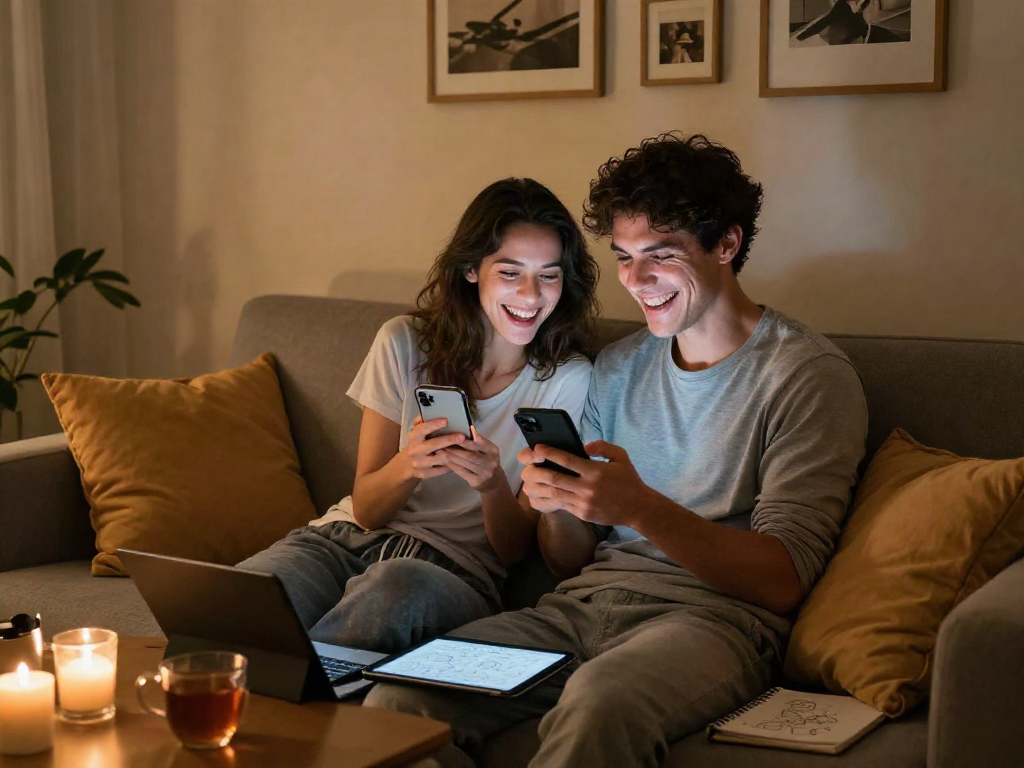 Couple engaging in ai sexting with playful expressions in a cozy home environment.