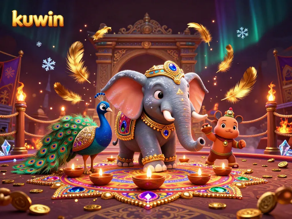 Kuwin highlights thrilling casino activities with vibrant visuals of card games and festive characters.