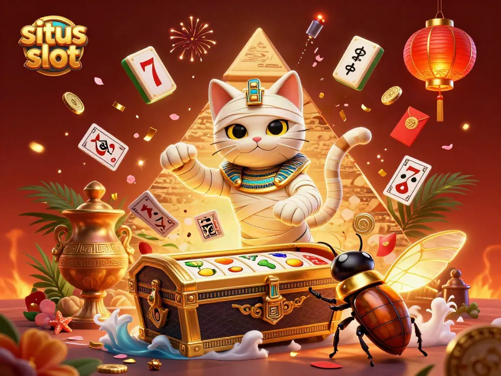 Experience thrilling slot action in this vibrant casino illustration featuring a mummy cat and glowing elements.