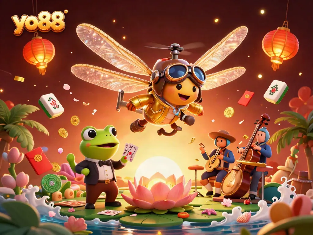 Engage with yo88 in this vibrant casino scene featuring a dragonfly pilot and frog croupier.