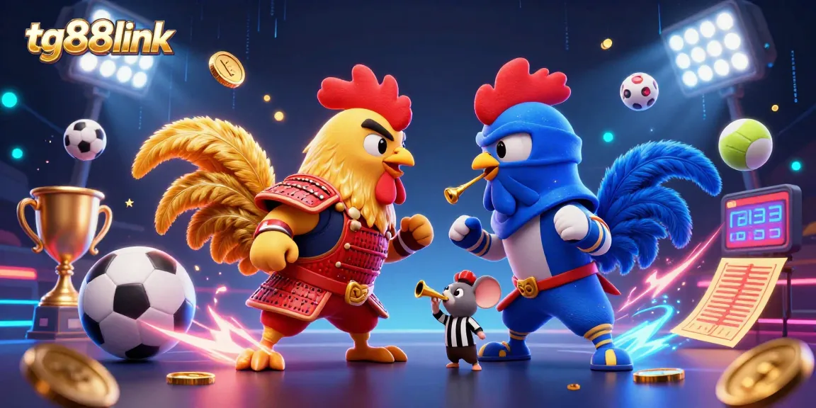 Bet on tg88link with dynamic sports elements and intense rooster showdown in a vibrant digital illustration.