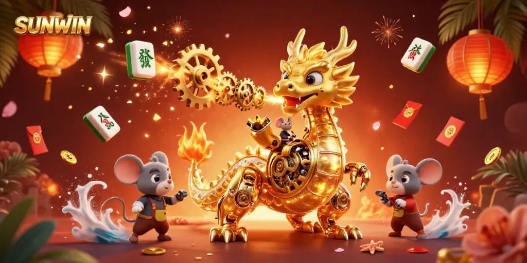 SUNWIN vibrant casino scene with a golden dragon and engineer amidst festive elements