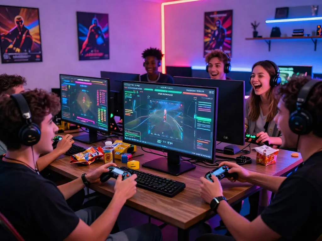 Friends enjoying multiplayer games on KILAT404 in vibrant gaming room with snacks and lively atmosphere.