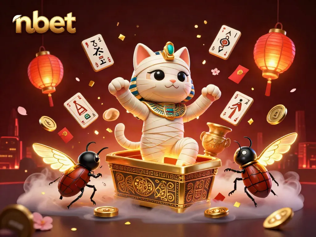 Experience thrilling action at nbet with a cartoon mummy cat and glowing scarab in a pyramid casino.