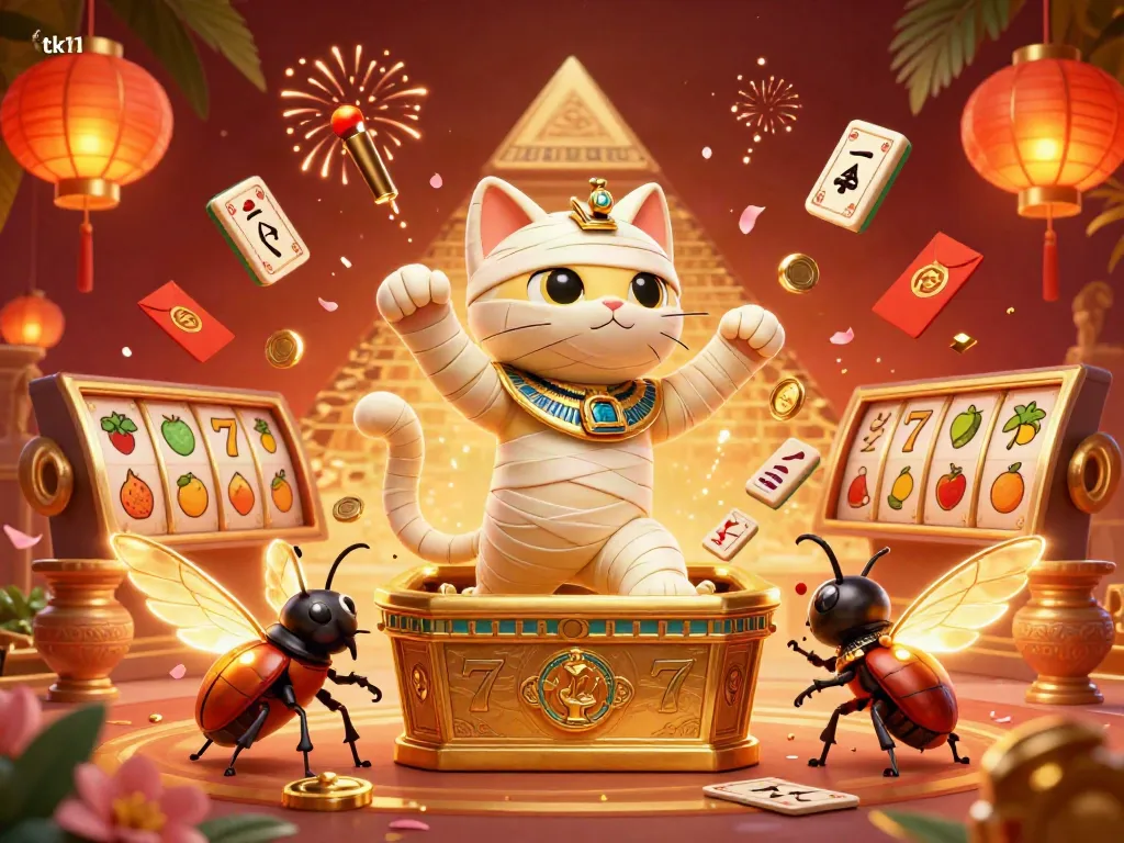 Engage with tk11's thrilling casino atmosphere featuring a mummy cat and vibrant gaming elements.