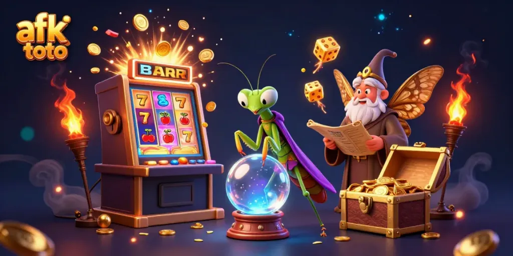 Engage with afk toto as a cartoon praying mantis fortune teller reveals secrets of fortune gaming amidst dazzling slot machines.
