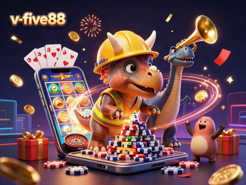 Win big at v-five88 casino with a celebrated triceratops building poker chips!