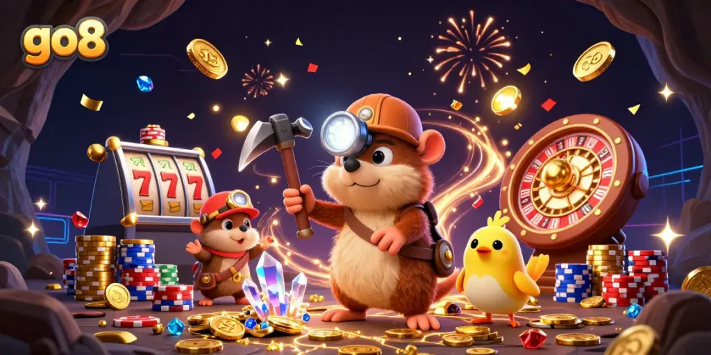 Win big at go8 with our treasure-hunting mole in a dynamic gambling scene filled with excitement.