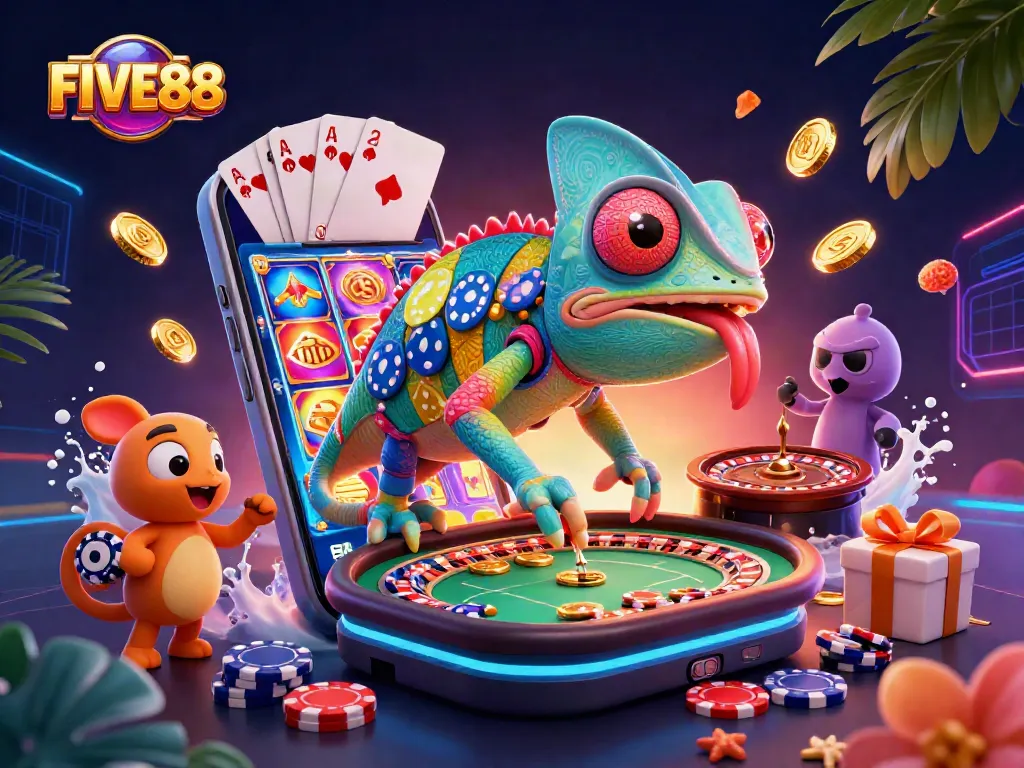 Experience gaming excitement at FIVE88 with a vibrant chameleon casino owner amidst golden coins and dynamic elements.