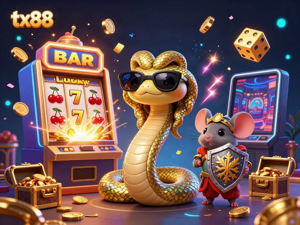 Experience the excitement of tx88 with friendly Medusa and heroic mouse surrounded by casino elements.